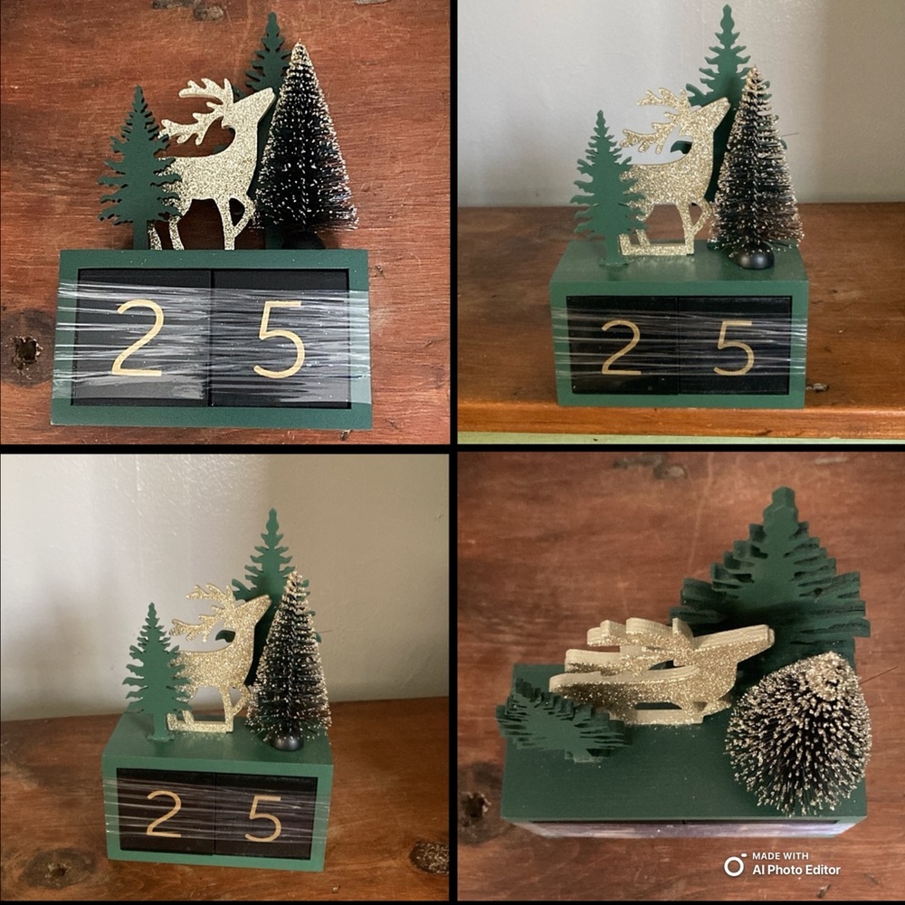 NWT-Green Wooden-Block Date Calendar w/ Wooden & Brush Trees & Gold Glitter Deer
